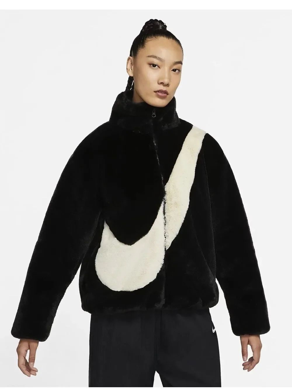 Nike Sportswear NSW Women's Oversized Swoosh Faux Fur Black Jacket Sz Large